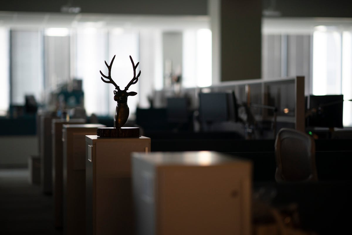 The windows provide most of the light in the empty Sleep Number Corp. offices in downtown Minneapolis. 