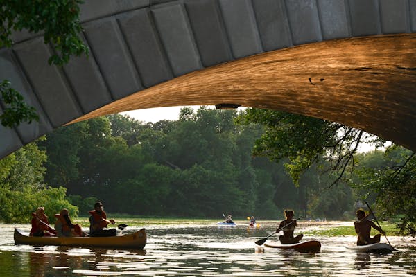 paddlers on canoes and paddleboards make their way under the arch of a concrete bridge with lush green leafy trees in the background