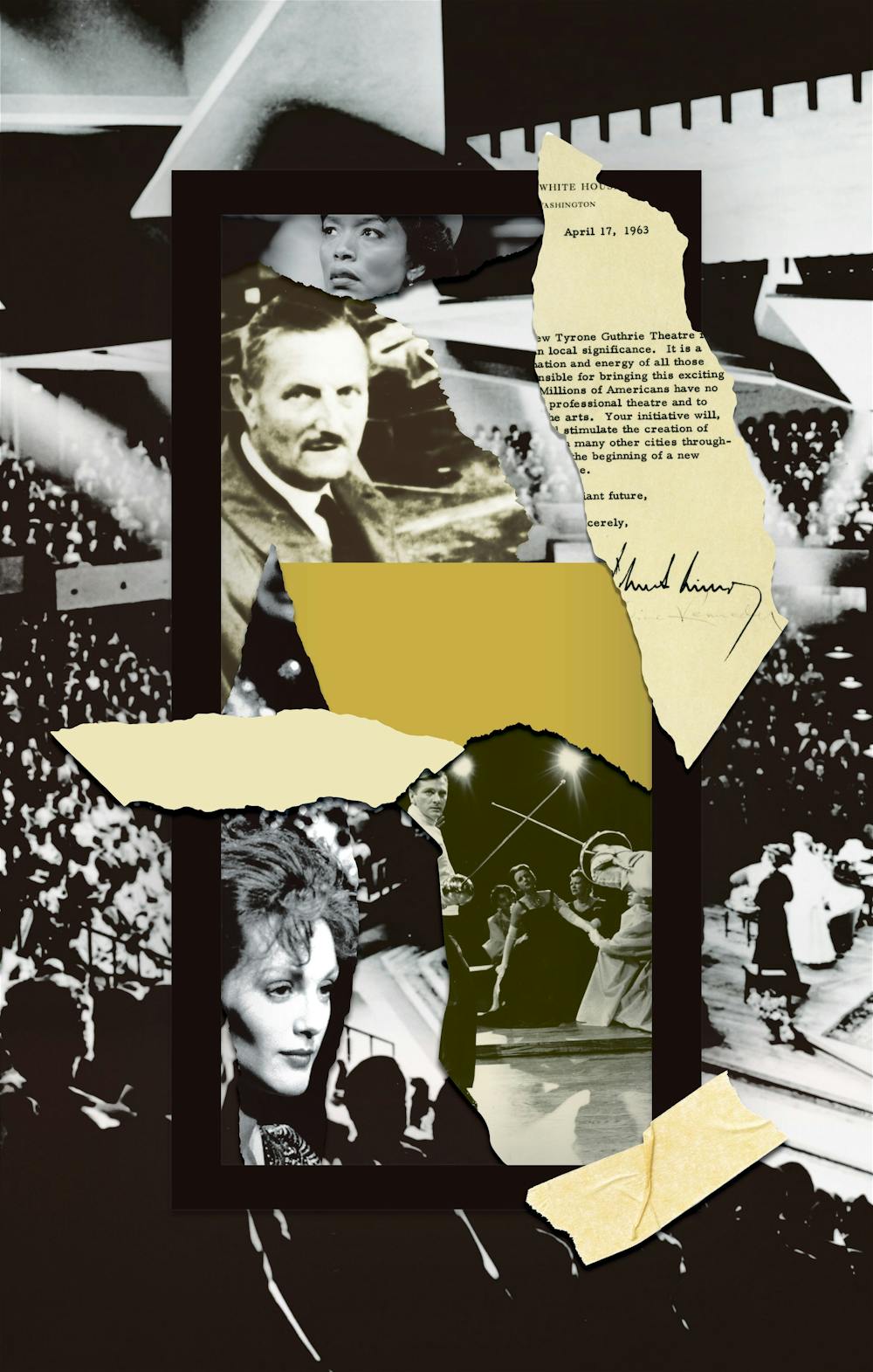 A black and white collage of key moments from the Guthrie Theater's history.